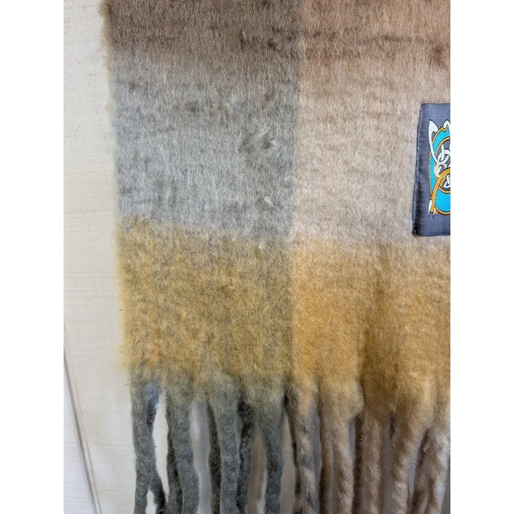 Celtic Ore Knitwear‎ Irish Wool Blend Plaid Scarf Mustard Taupe Fringe  Ireland
